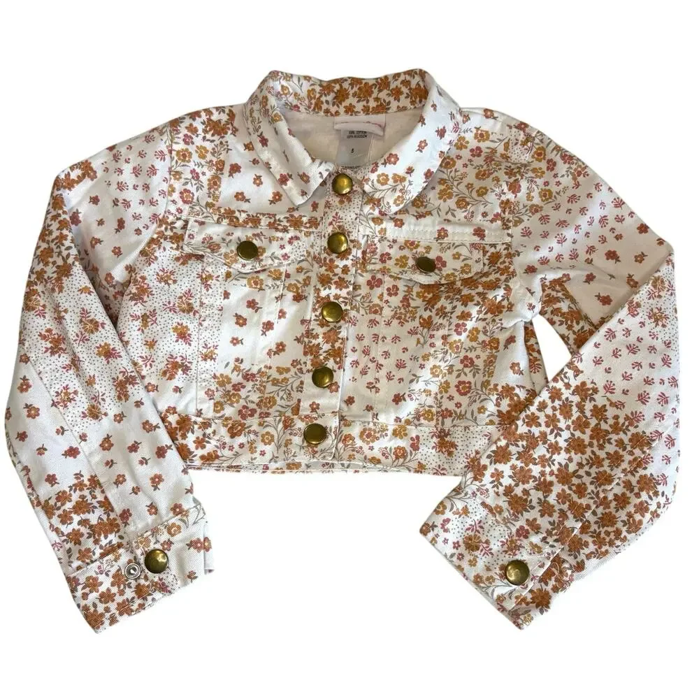 Little Lass Crop Floral Print Jean Jacket Girls 5 | White Pink Coral Denim Coat